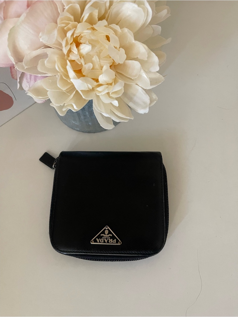 Prada Black Saffiano Zip-Around Bifold Compact Wallet